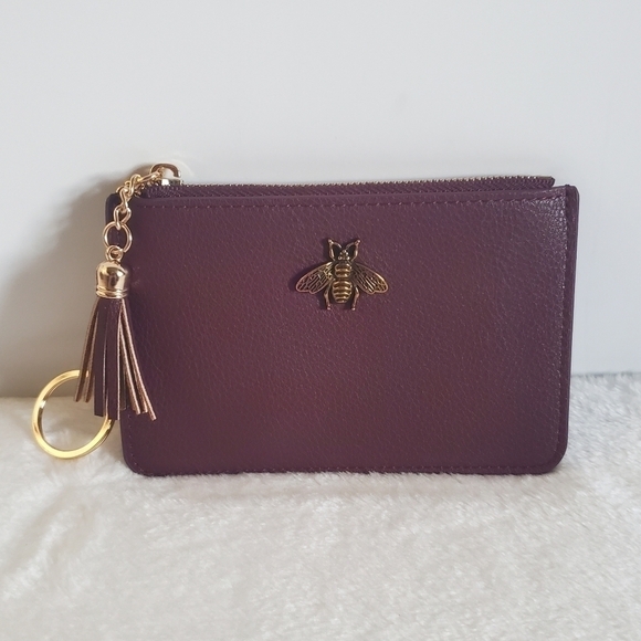 Leather Burgundy Bumble Bee Slim Compact Coin Change Purse Keychain Pouch NWOT - Picture 1 of 12
